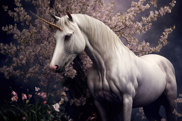 magical white unicorn in fantasy pink blossom forest, generative ai