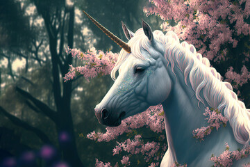 magical white unicorn in fantasy pink blossom forest, generative ai