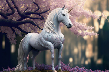 Obraz na płótnie Canvas magical white unicorn in fantasy pink blossom forest, generative ai