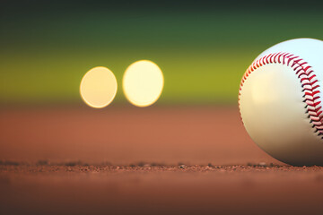 A close up od a baseball laying on dirt on a baseball field. A sports concept in bokeh background. Generative AI. - obrazy, fototapety, plakaty