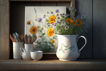 Fototapeta na wymiar summer_flowers_in_white_jug_on_wooden_shelf