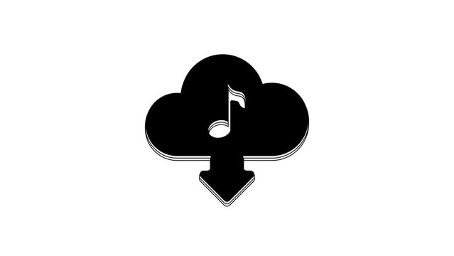 Black Cloud download music icon isolated on white background. Music streaming service, sound cloud computing, online media streaming, audio wave. 4K Video motion graphic animation
