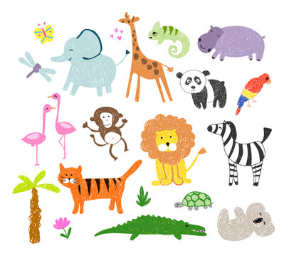 Child drawing. Vector illustration, african animals for kids, children clipart.