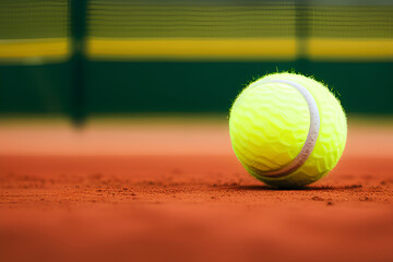 A tennis ball resting on clay. A sports concept in bokeh background. Generative AI.