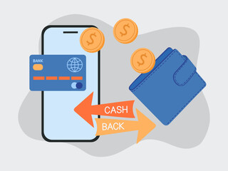 Money transfer with digital wallet. Cashback concept. Mobile phone with credit card, golden coins. Online payment. Hand drawn vector illustration isolated on light background. Flat cartoon style.