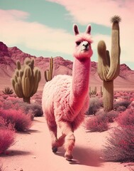 Pink lama in the desert - obrazy, fototapety, plakaty