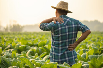 Injuries or Illnesses, that can happen to farmers while working. Man is using his hand to cover...