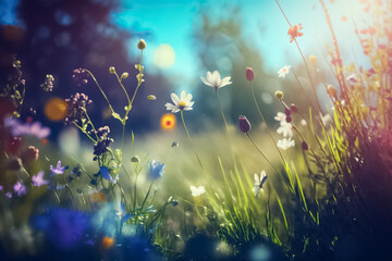Fototapeta na wymiar Colorful flower meadow in spring. Bright beautiful natural landscape of summer meadow with daisies. Tranquil spring summer nature close up. Springtime. generative AI 