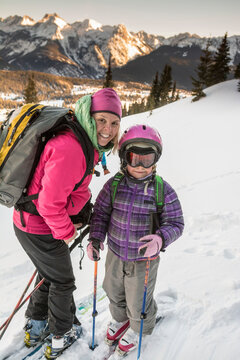 A mother and daughter backcountry skiing near Molas Pass above Silverton, Colorado.