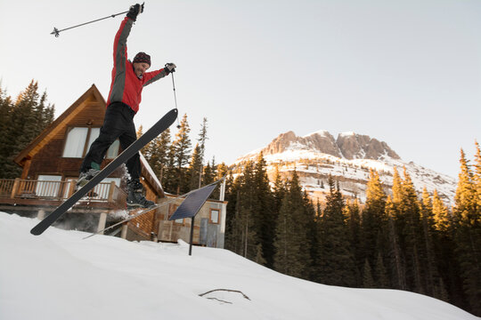 A man jumping on his skis, San Juan National Forest, Silverton, Colorado.