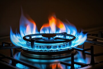 Closeup shot of blue fire from domestic kitchen stove. Generative AI