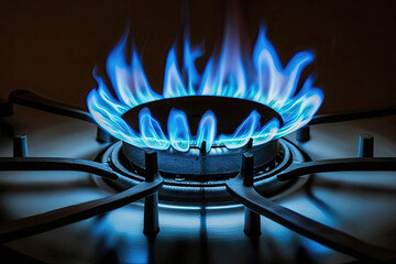 Closeup shot of blue fire from domestic kitchen stove. Generative AI