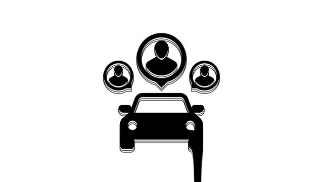 Black Car sharing with group of people icon isolated on white background. Carsharing sign. Transport renting service concept. 4K Video motion graphic animation