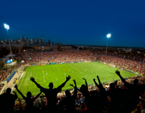 Fans watch a soccer game from the stadium seats
