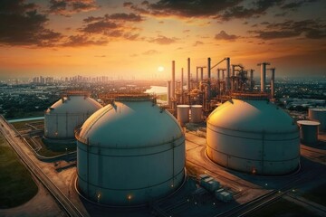 Fototapeta na wymiar Aerial view oil and gas chemical tanks. Generative AI