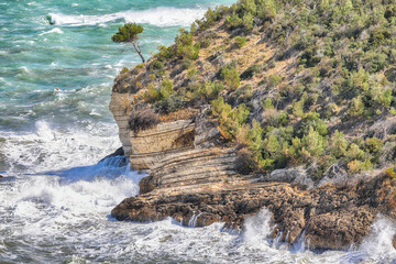 Above the cliffs at the coastline of Vieste. Summer rocky sea coast Baia Di Campi Vieste on the...