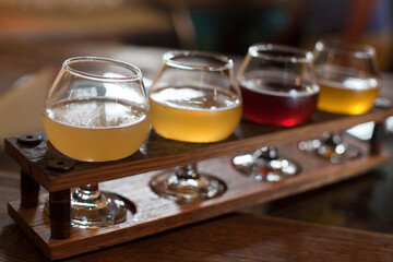 Glasses of beer poured at Allagash Brewery for tasting