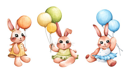 Cute bunny for spring season. Isolated on white background. Easter rabbit. Hand drawn sketch and watercolor illustration. Rabbit cartoon collection. Animal wildlife character set.