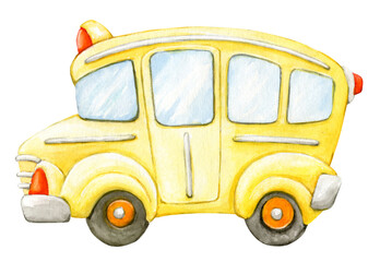 Naklejka premium School bus, yellow. Watercolor clipart in a cartoon style, but isolated background.