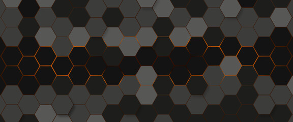 Black and golden hexagon pattern background. Abstract colorful hexagons pattern and texture background. Futuristic surface hexagon pattern with light rays. Overlapping geometry polygonal shape.