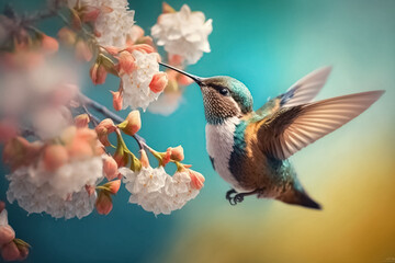 Obraz premium Beautiful bird hummingbird in flight over blossom branch. Natural habitat, hummingbird. Tropical bird in garden. Hummingbird in flight. Beautiful blurred spring background. Spring flower. generative A