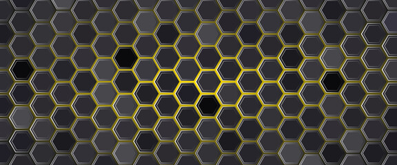 Black and gold hexagonal pattern background. Abstract colorful hexagon pattern and texture background. Futuristic surface hexagon pattern with light rays. Overlapping geometry polygonal shape