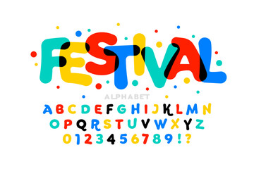 Colorful playful festival or carnival style font design, alphabet letters and numbers vector illustration