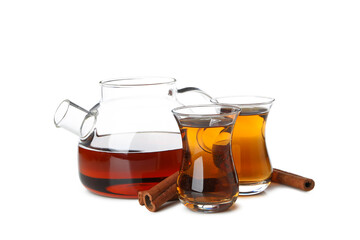 Concept of traditional turkish brewed hot drink - tea, isolated on white background