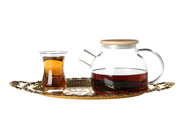 Concept of traditional turkish brewed hot drink - tea, isolated on white background