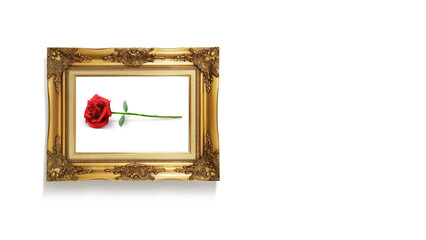 Picture of roses in old wooden frame isolated on white background.