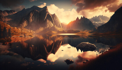 Beautiful landscape of mountains with lake, colorful scene during sunset