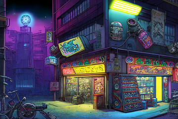 アニメ映画風のサイパーパンク系背景のイラスト(AI generated image)