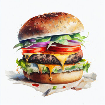 big burger, hamburger watercolor illustration isolated on white background, generative ai