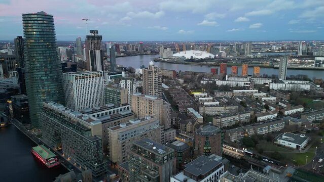 London skyline Docklands financial centre O2 in background