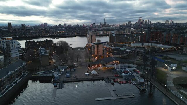 Millwall dock Docklands Sailing and Watersports Centre London UK evening Drone, Aerial, view from air, birds eye view,
