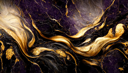 Abstract luxury marble background. Modern digital painting. Gold, black and purple colors. AI