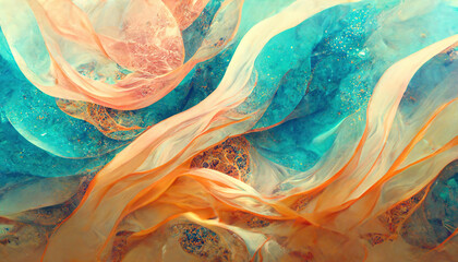 Abstract marble background. Turquoise, orange and pink colors. AI