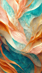 Abstract marble background. Turquoise, orange and pink colors. AI