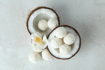 Concept of tasty sweets, coconut candies, top view