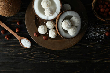 Concept of tasty sweets, coconut candies, top view