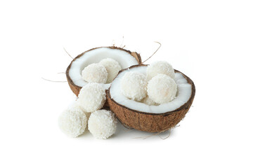 Concept of tasty sweets isolated on white background, coconut candies