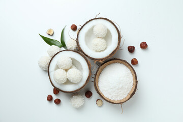 Concept of tasty sweets, coconut candies, top view