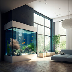 Aquarium tank or fish tank in a house. Generative AI.