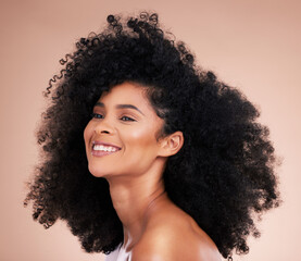 Black woman, afro hair or skincare glow on studio background in empowerment pride, curly texture or...