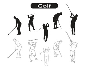 Golf Player Silhouette and Line Icons Vector Illustration 