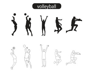 Volleyball Players Silhouette and Line Icon Vector Illustration 