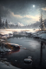 Fototapeta na wymiar Winterlandschaft bei Nacht mit See in den Bergen Abstrakt Illustration Generative AI Digital Art Background Hintergrund Cover 