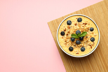 Concept of delicious food with smoothie with different ingredients, space for text