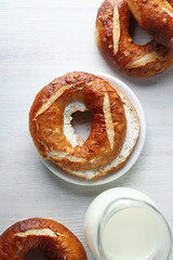 Concept of tasty food - bagel, top view