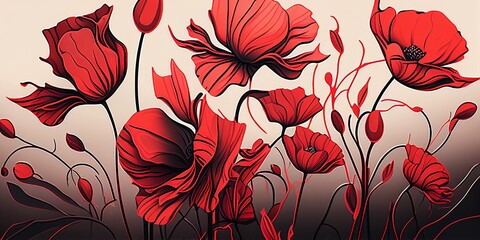 Red abstract poppy flowers in a medaow at dusk. Background wallpaper, Generative AI